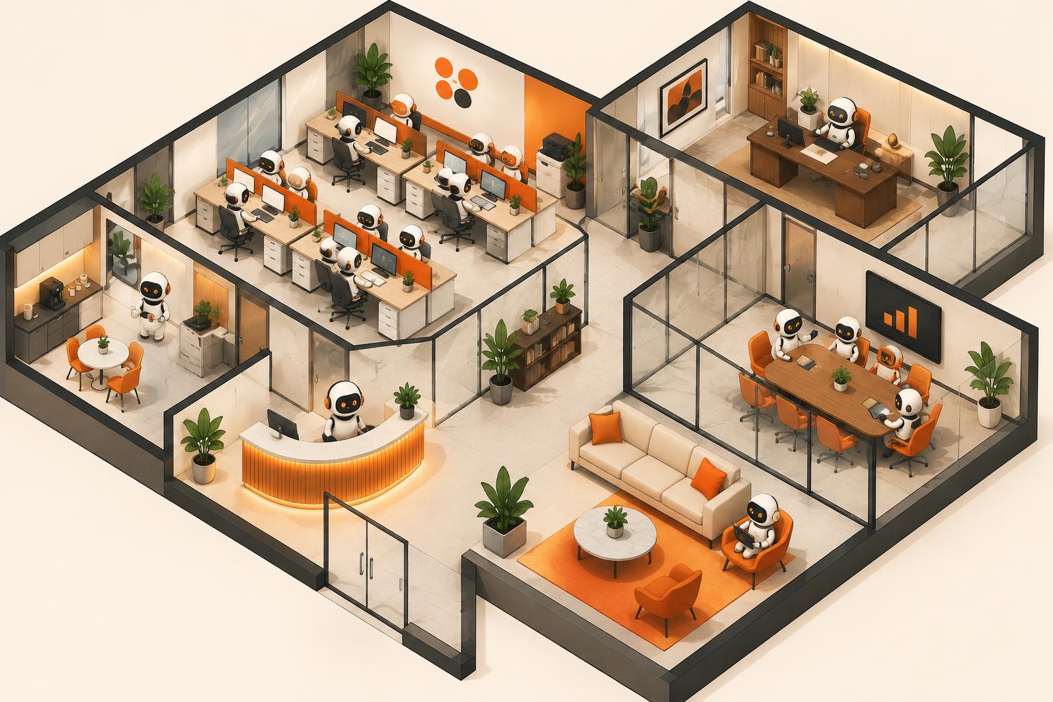 Isometric illustration of an AI agent office with an executive office, operations room, reception, lounge, and meeting room